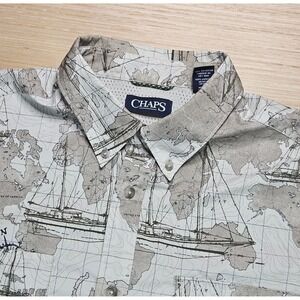 Chaps Nautical Map Shirt Mens XL Short Sleeve Button Up Vented Polyester Pockets